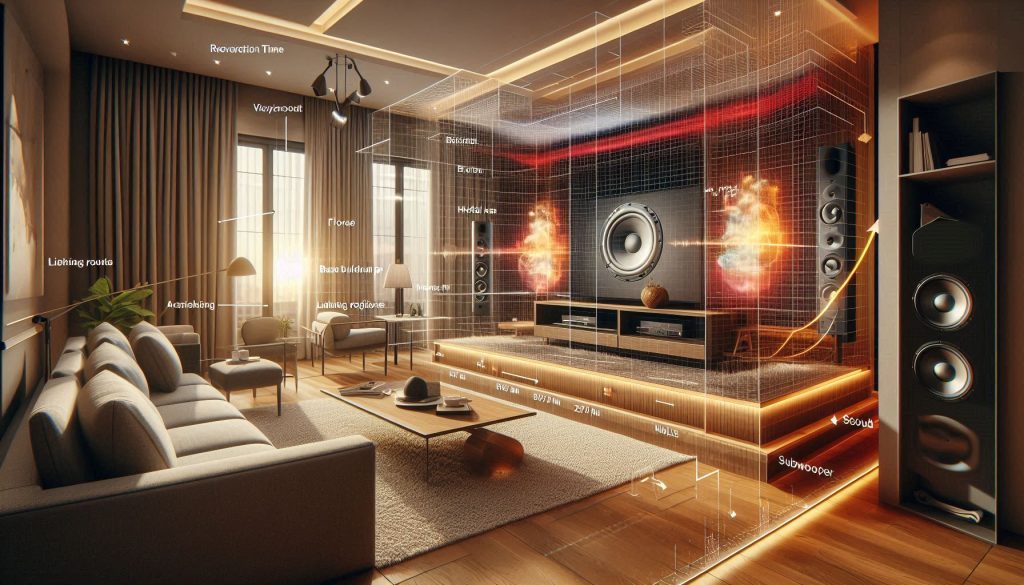 large living room showing a 2.1 soundbar with visual overlays illustrating room acoustics, reflections, and bass modal peaks.