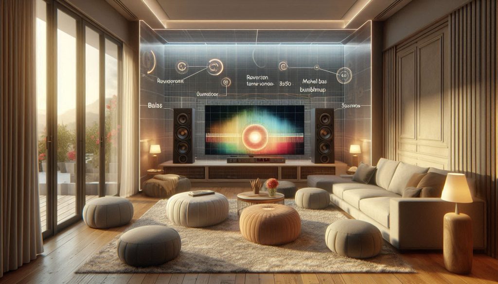 large living room showing a 2.1 soundbar with visual overlays illustrating room acoustics, reflections, and bass modal peaks