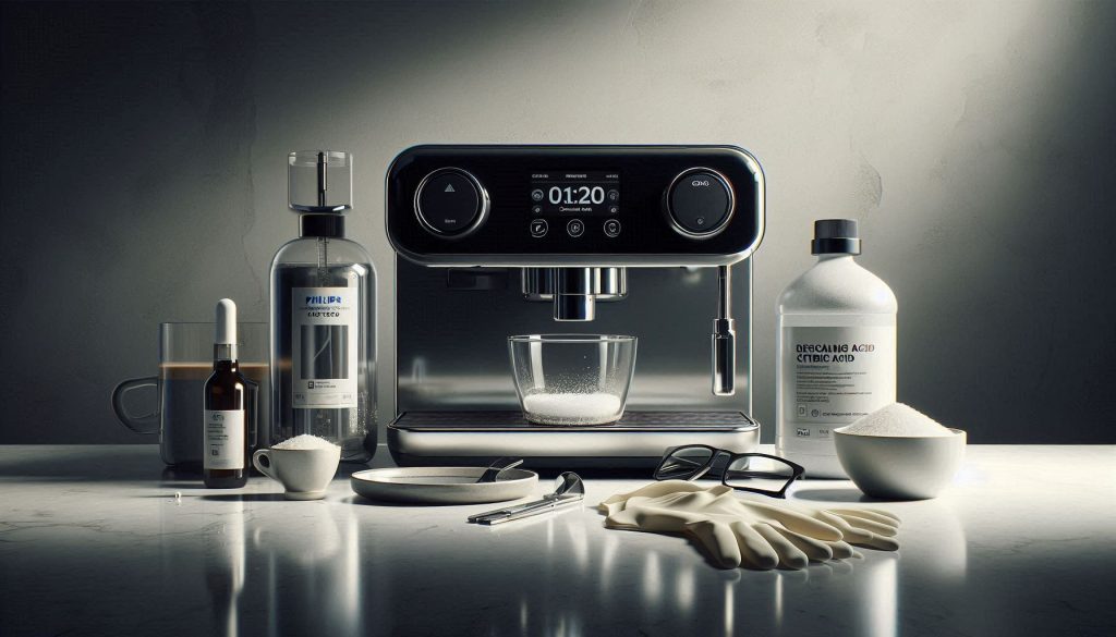 Philips LatteGo Smart espresso machine with descaling accessories arranged for safe maintenance.