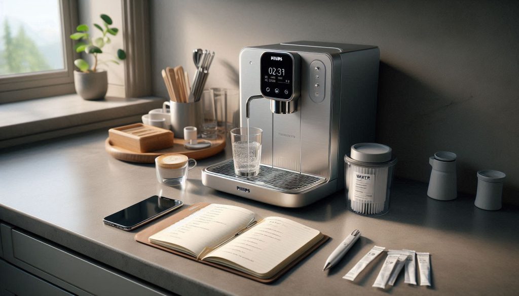 Philips LatteGo Smart espresso machine with a maintenance log, water filter, and test strips arranged for routine care planning.