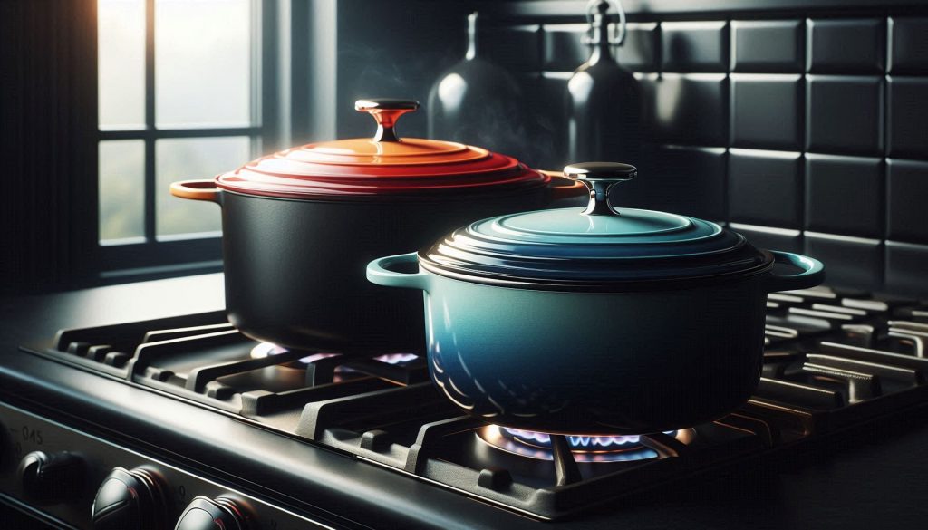 le creuset and staub dutch ovens side by side showing glossy and matte enamel differences on a stovetop