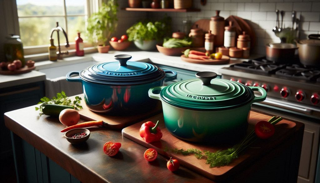 le creuset and staub french dutch ovens compared on a stovetop showing enamel and lid differences