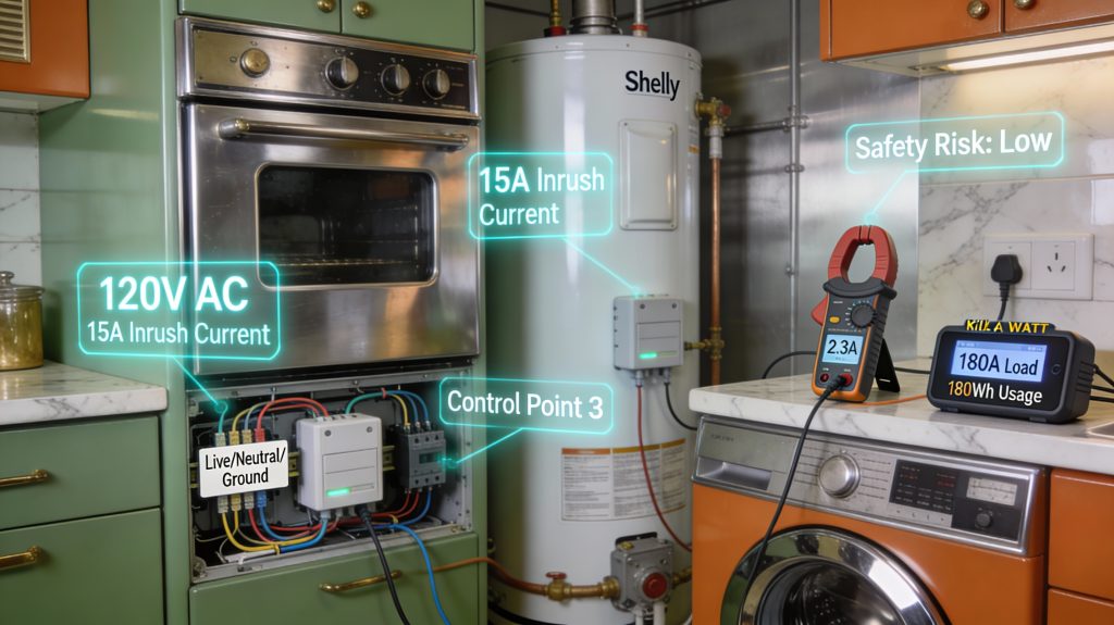 luxury kitchen and utility space showing legacy appliances with smart retrofit modules, electrical measurements, and risk assessment overlays