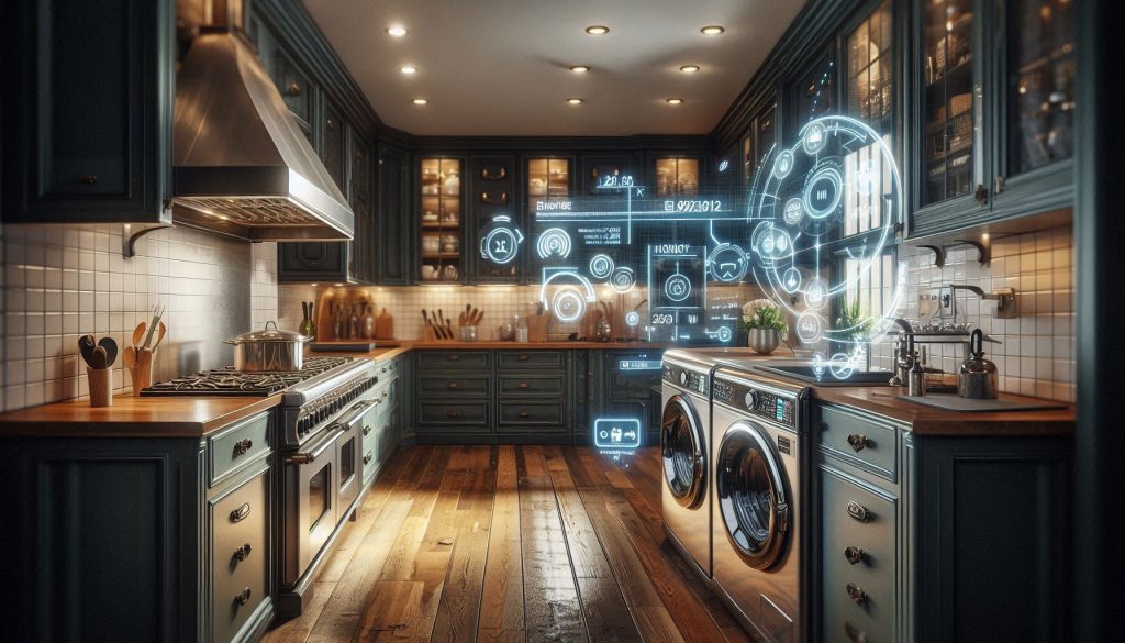 vintage appliances retrofitted with smart home controls, energy monitoring, and automation in a luxurious kitchen and laundry setup