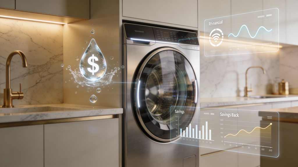 luxury smart washer in a high-end laundry room visualizing water and energy lifecycle cost savings with elegant financial overlays