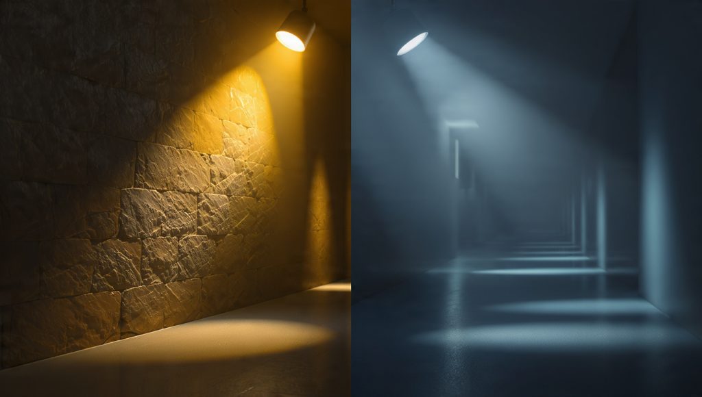Split-screen lighting composition showing warm spotlight on textured wall and cool soft wash on pathway