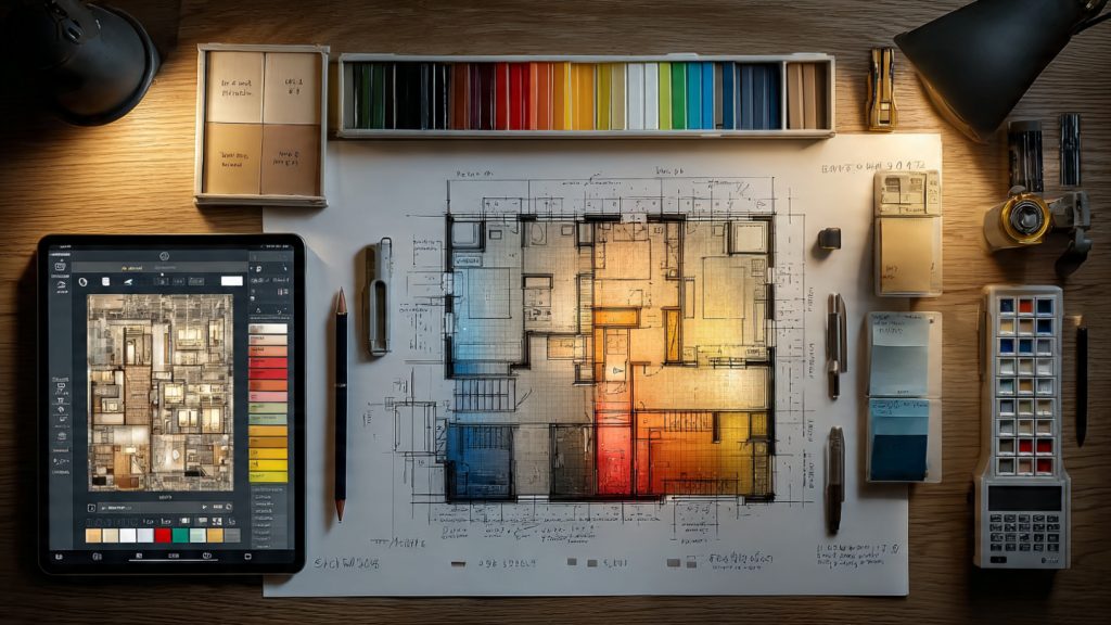 Organized lighting design workspace with 3D CAD model, annotated floor plan, and professional tools for plotting