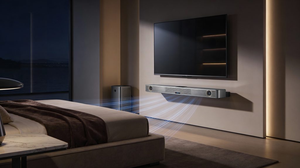 High-end luxury bedroom with a premium soundbar perfectly installed under a modern TV, showcasing elegant design and optimized audio placement.