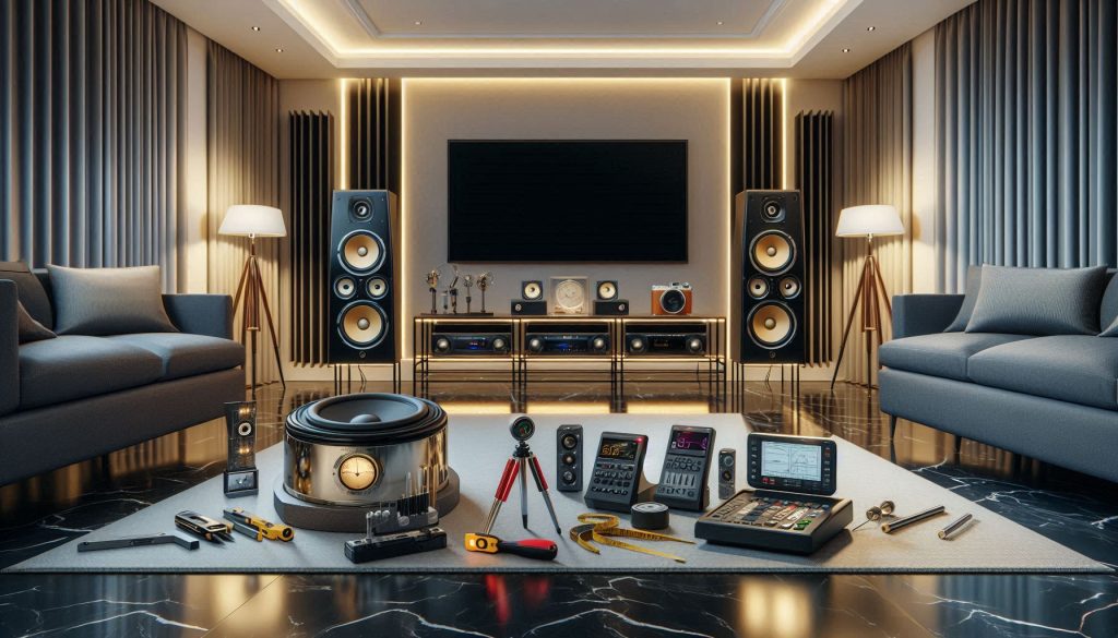 Luxury home theater showing precise speaker setup and calibration tools, no logos visible.