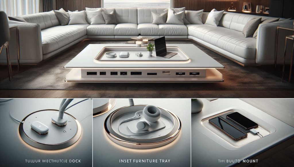 White luxury charging hub displayed as tabletop dock, inset tray, and flush-mounted unit, integrated with elegant modern interiors and multiple devices.