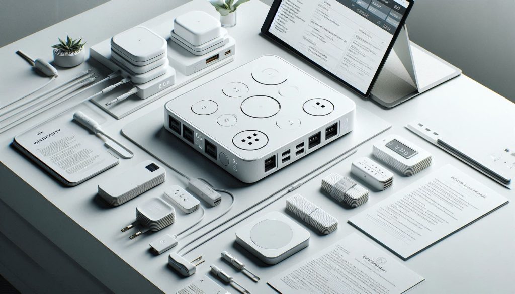 White luxury charging hub on a modern desk with warranty papers, spare modules, and installation tools, emphasizing procurement, installation, and long-term maintenance considerations.
