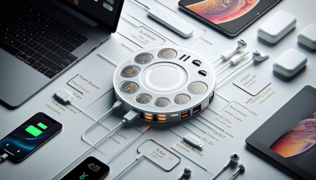 White luxury multi-device charging hub with devices showing per-port power, wireless output, total power budget, and thermal safety indicators.