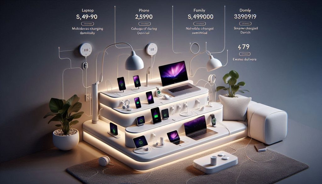 White luxury multi-device charging hub shown in workstation, family living room, and bedside setups with labeled power outputs and elegant cable management.