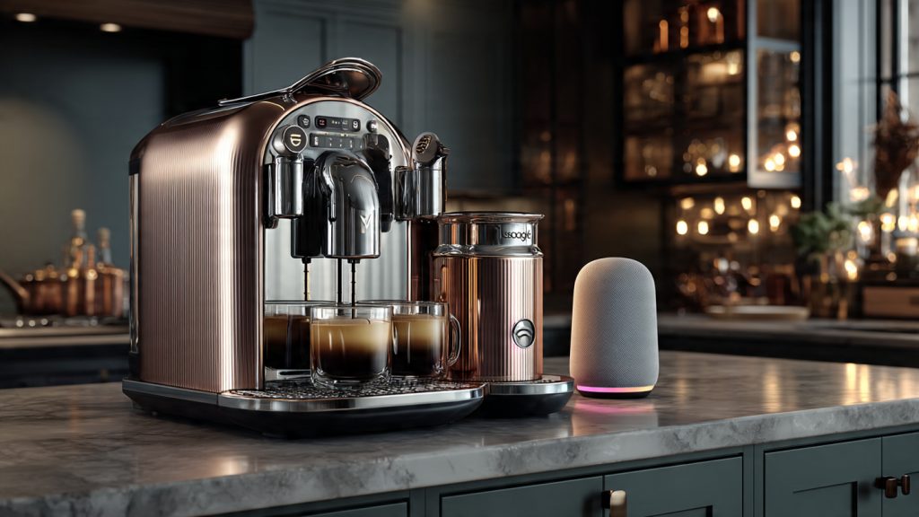 Luxury kitchen countertop with a sleek, high-end coffee machine next to a Google Assistant device.