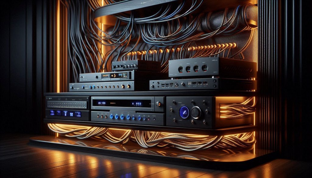 High-end home theater AV rack with premium HDMI cables and network devices, no logos visible.