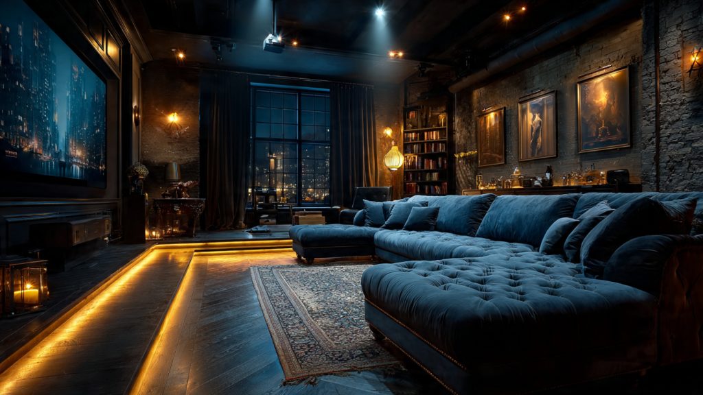 Luxury home theater with multiple brown and white recliners, ambient lighting, and integrated AV rack