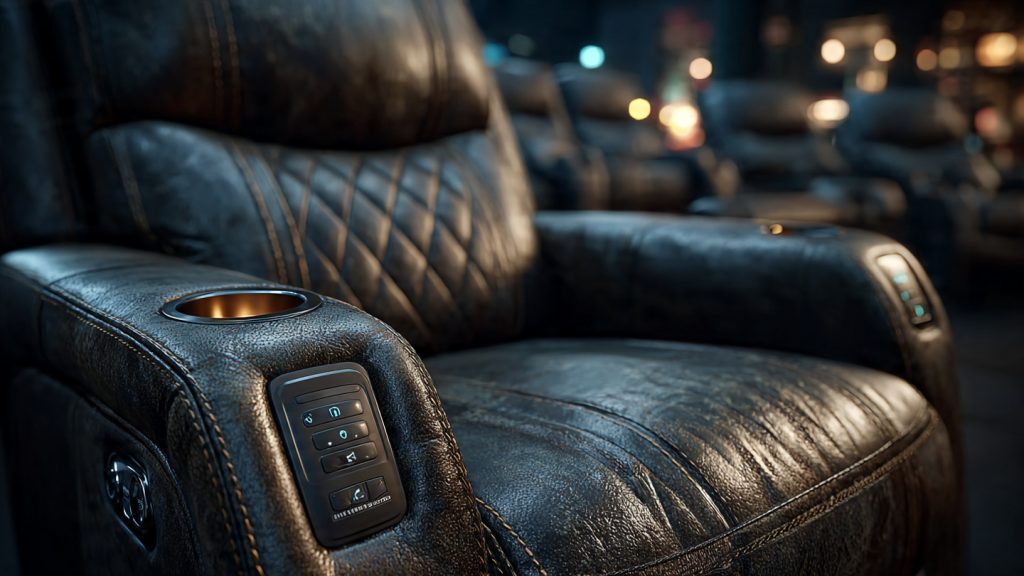 Luxury home theater recliner with LED cupholder and power recline controls