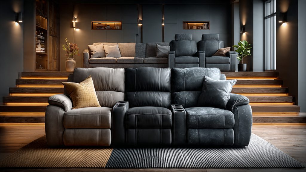 Luxury home theater seating styles showing sofa, recliners, and stadium seating options