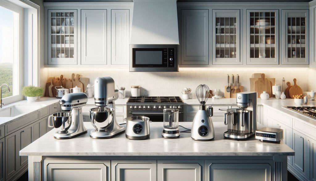 Seven luxury kitchen gadgets displayed on a white countertop in a modern kitchen.