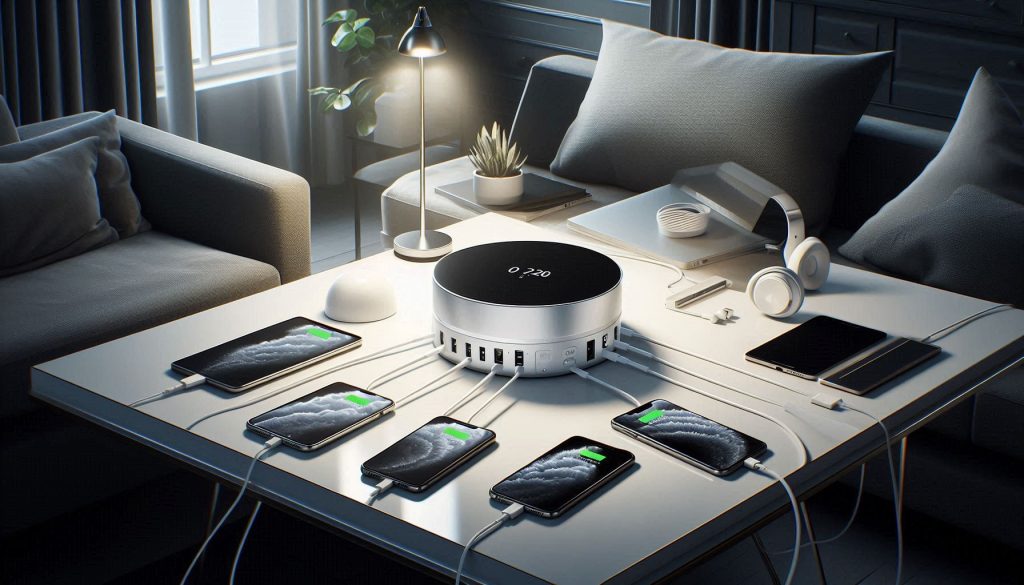 White luxury multi-device charging hub on a modern console, charging multiple devices simultaneously with clean cable management and polished aluminum finish.