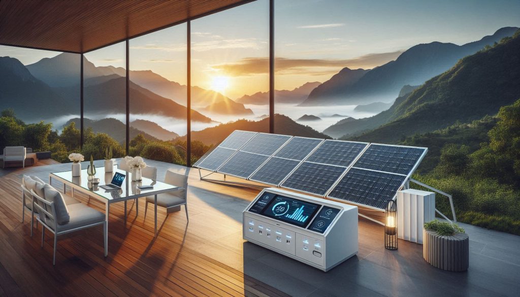 Luxury off-grid solar system with energy monitoring display for calculating daily power needs.