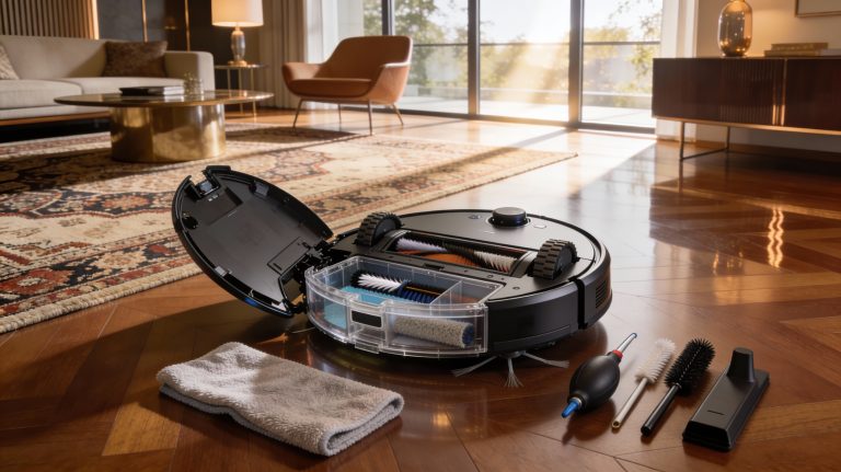 Home Luxury living room with a high-end robot vacuum being cleaned, showing dustbin, brushes, and specialized cleaning tools on polished floors with designer furniture and ambient lighting.