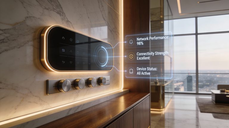 Home High-end luxury smart home control room with premium displays and modern connected devices.