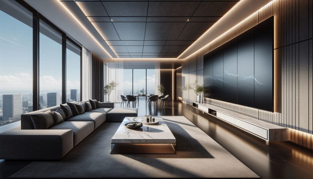 Luxury smart living room with OLED TV, ambient lighting, and modern interior design