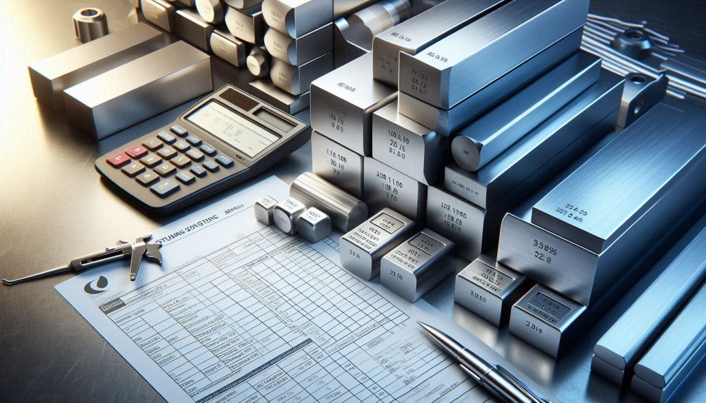 hyper-realistic display of luxury steel materials with traceability markings, inspection tools, and mill certifications.