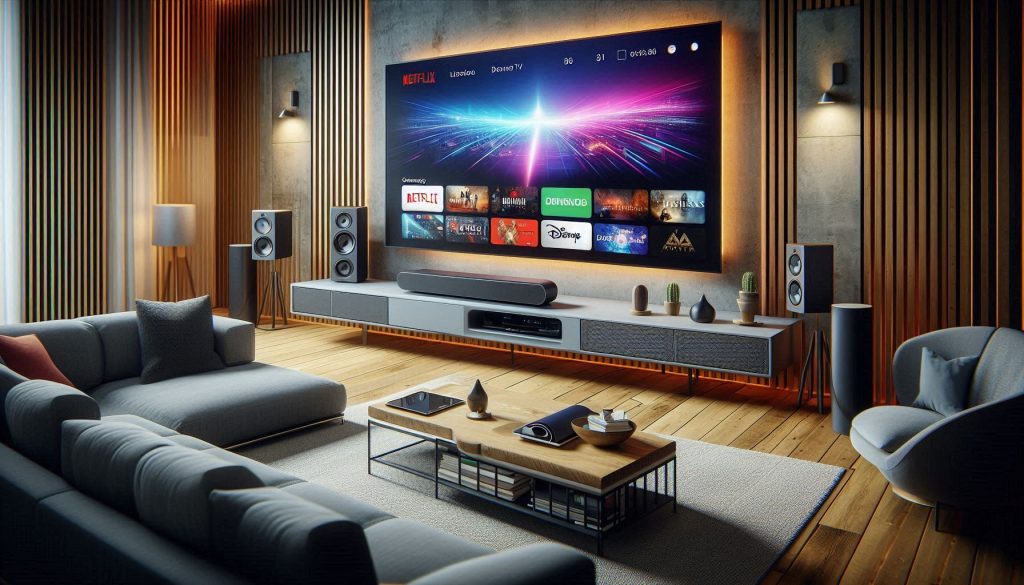 Luxury streaming-focused home theater with OLED TV and clean interface without branding