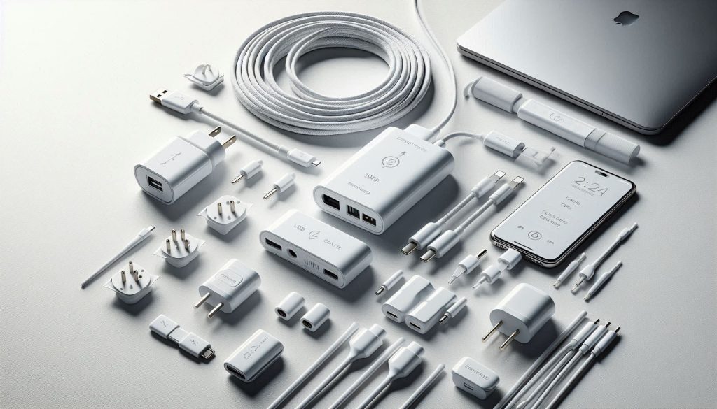 Reinforced white USB‑C cables and multi-region adapters for a luxury executive travel charging kit.