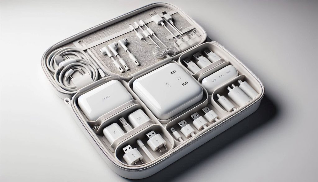 White executive travel charging kit neatly organized inside a protective case with compartments for chargers, cables, power banks, and accessories.