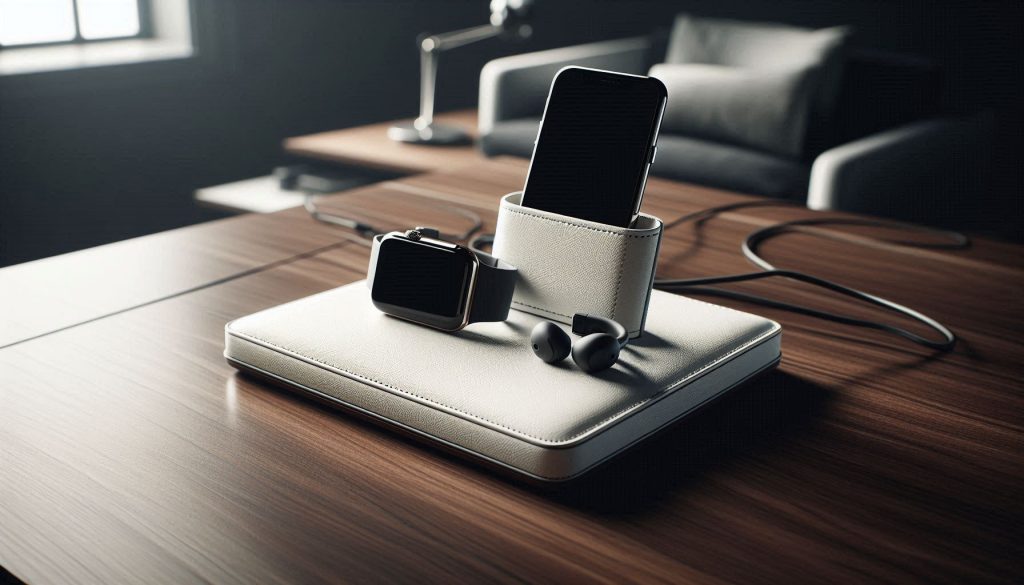 Luxury white leather wireless charging station on a premium desk with a clean, cable-free design.