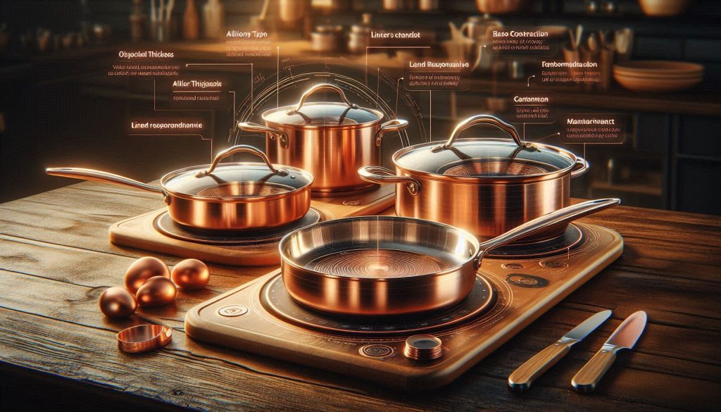 Two sets of luxury copper cookware, one polished and one hand-hammered, on a kitchen countertop with floating evaluation criteria and cooking test visuals.