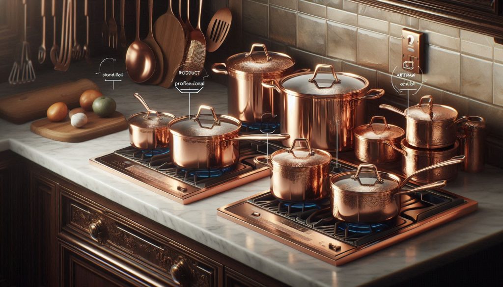 Two sets of luxury copper cookware, one polished professional style and one artisan hand-hammered, with floating graphics showing product tiers, piece types, and finishes.