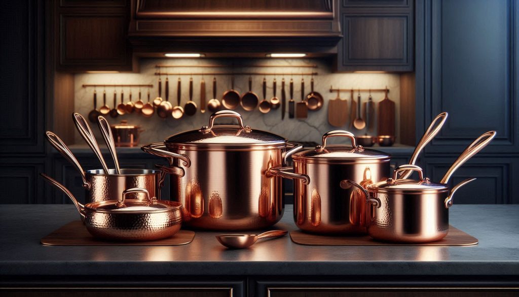 Two contrasting luxury copper cookware sets displayed in a high-end kitchen, one polished and professional, the other hand-hammered and artisanal.