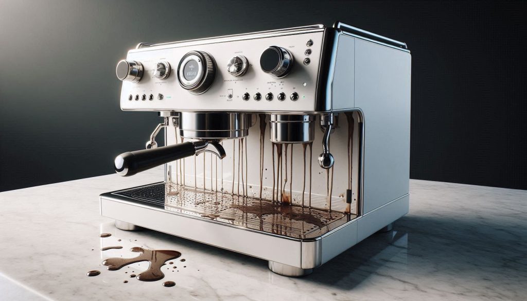 luxury white espresso machine showing water stains from a leaking group head
