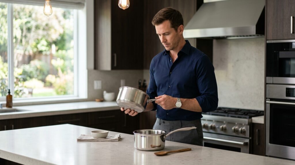 Homeowner comparing premium American-made stainless-steel cookware.