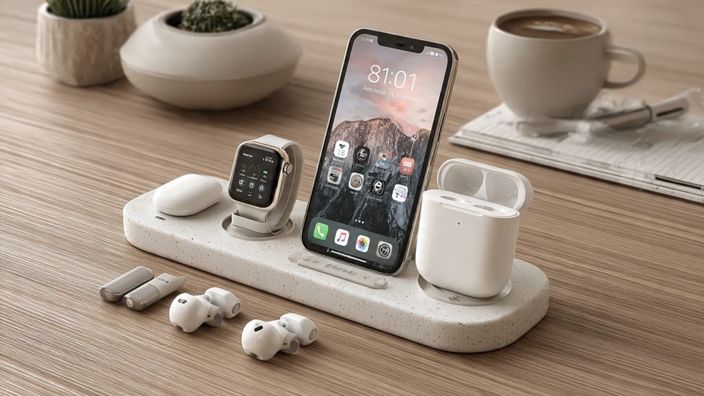 White 3-in-1 magnetic charging stand displaying embedded magnets, ferrite backing, and passive alignment guides for safe, repeatable device placement.