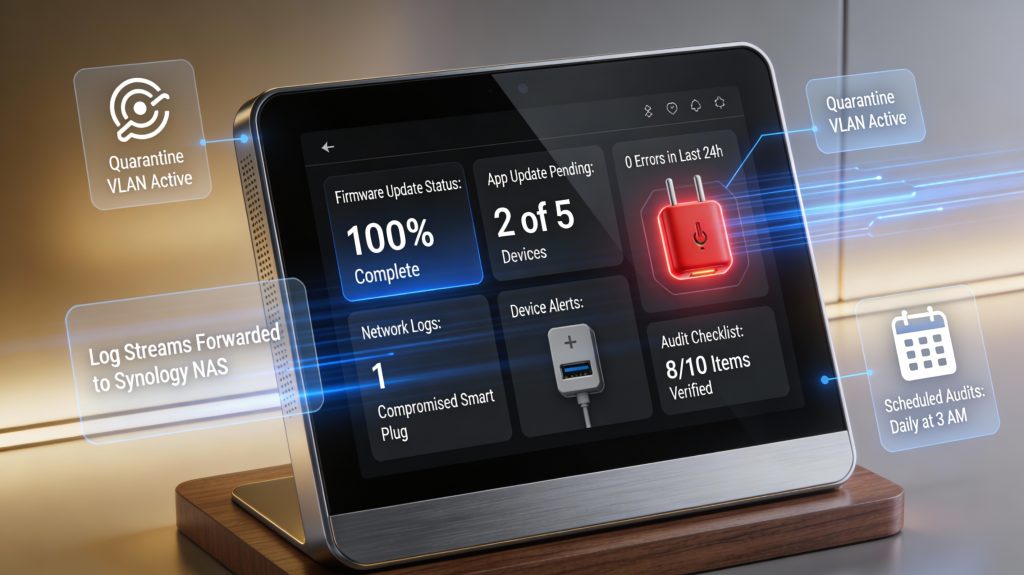 Luxury smart home hub showing firmware updates, network logs, alerts, and incident response visualizations for monitoring and maintaining device privacy.
