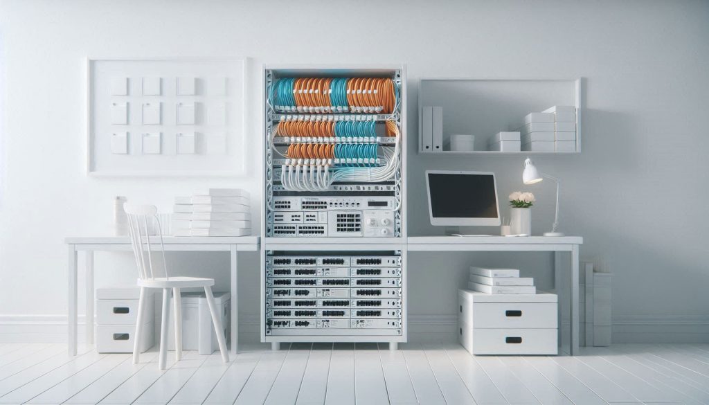 Organized cable management system with labeled cables, service loops, and safe power distribution in a white setup.