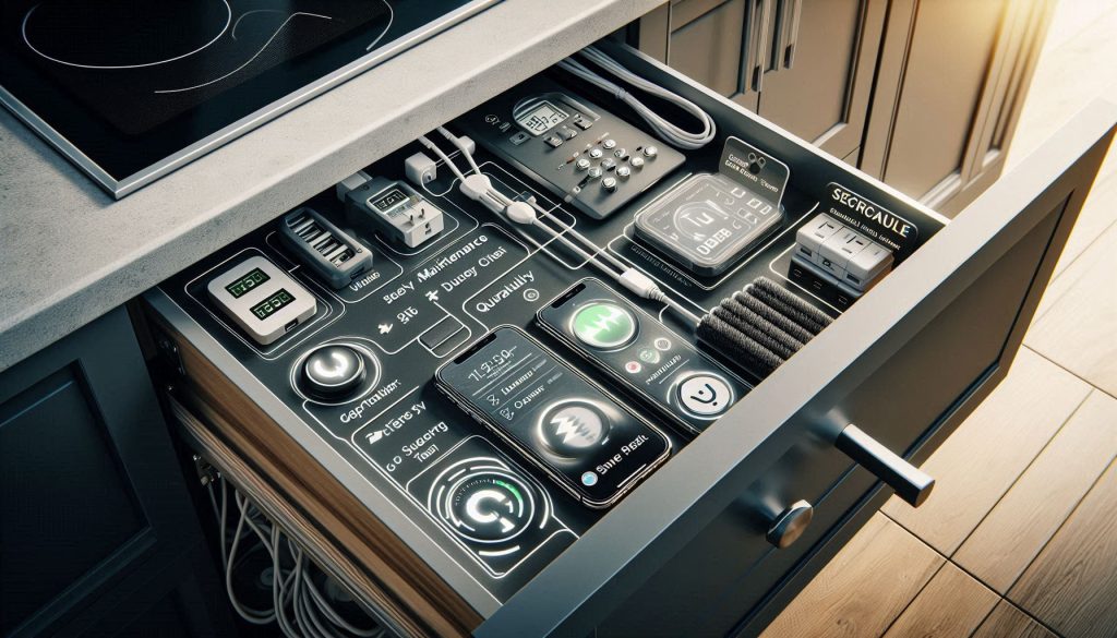 Hidden charging station with multiple devices, maintenance checklist icons for weekly, monthly, quarterly checks, and lifecycle reminders.