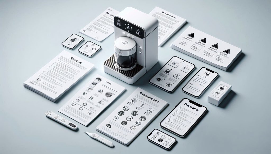 white illustration of a coffee machine with manuals, warranty papers, and app screens showing descaling guidance and warnings
