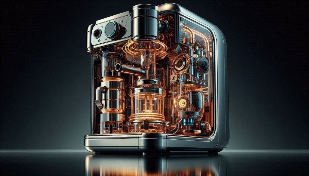 Luxury cutaway illustration of a smart coffee machine showing internal components with no text.
