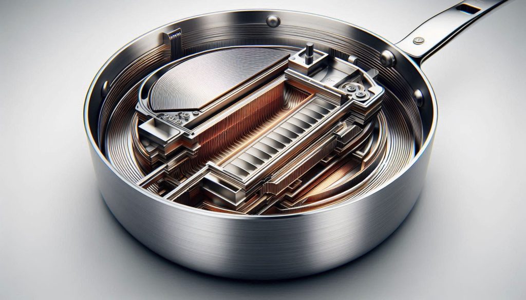 cutaway view of a luxury multi-layer pan showing materials and core construction for even heat