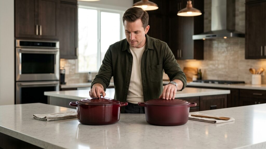 Homeowner comparing matte and glossy enamel cookware finishes in a luxury kitchen.
