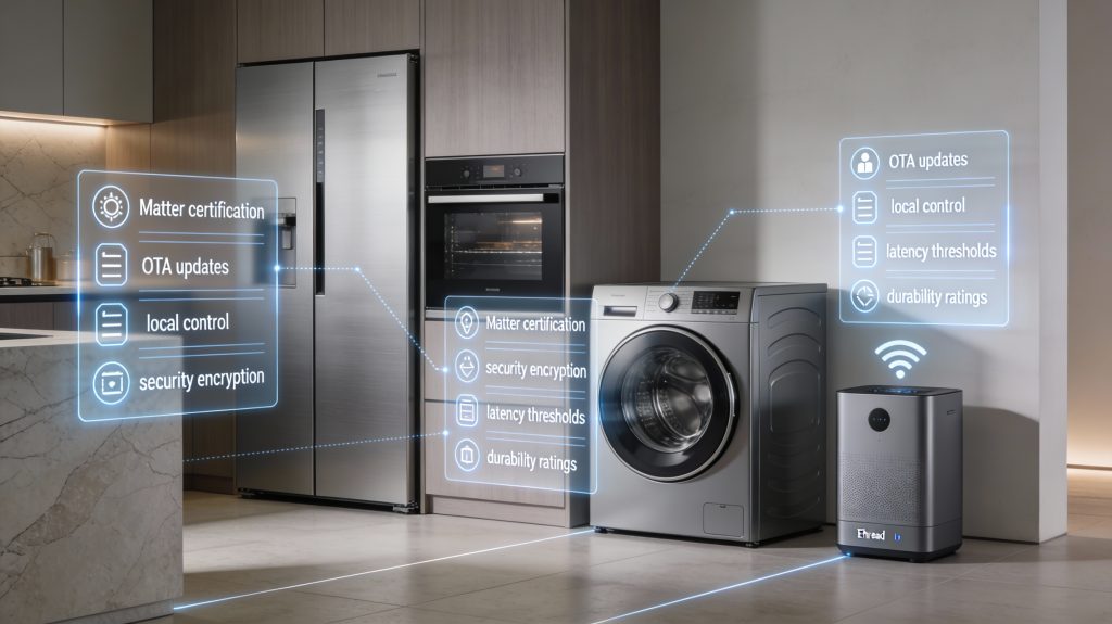 Luxury smart appliances evaluated with a Matter compatibility checklist in a high-end home.