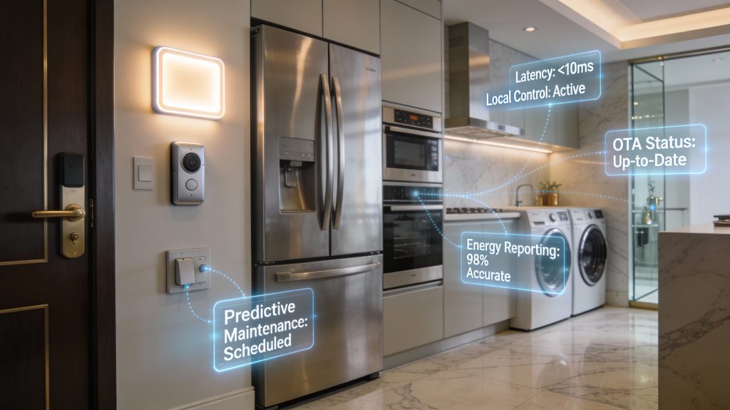 Luxury smart home displaying top Matter-compatible appliances with metrics for performance and interoperability.