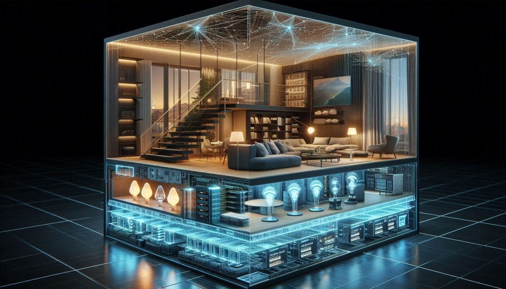 High-end visualization of Matter architecture showing IPv6 networking, Thread mesh, and standardized device data models.