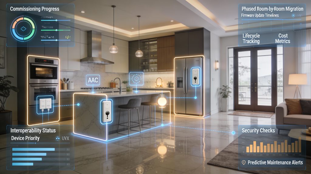 Luxury home interior with Matter-enabled appliances showing phased rollout, firmware updates, and migration dashboards.